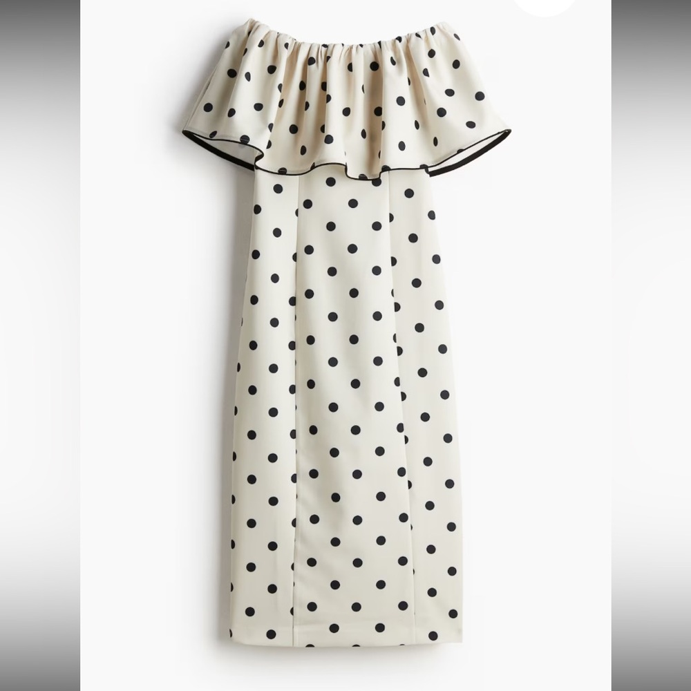 H&M Cream Off-Shoulder Polka Dot Dress Large EUC